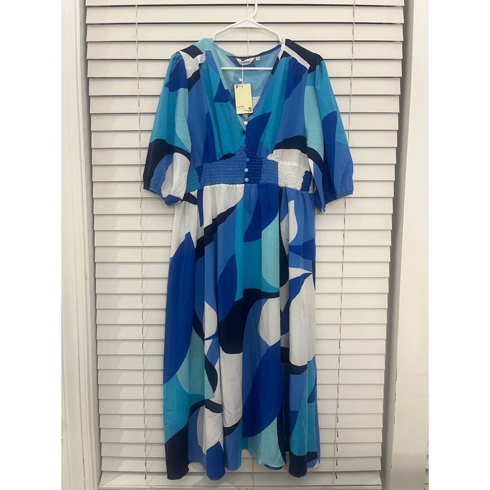 KorMei Women Blue White Abstract Print Smocked Waist V-Neck Maxi Dress XL NEW